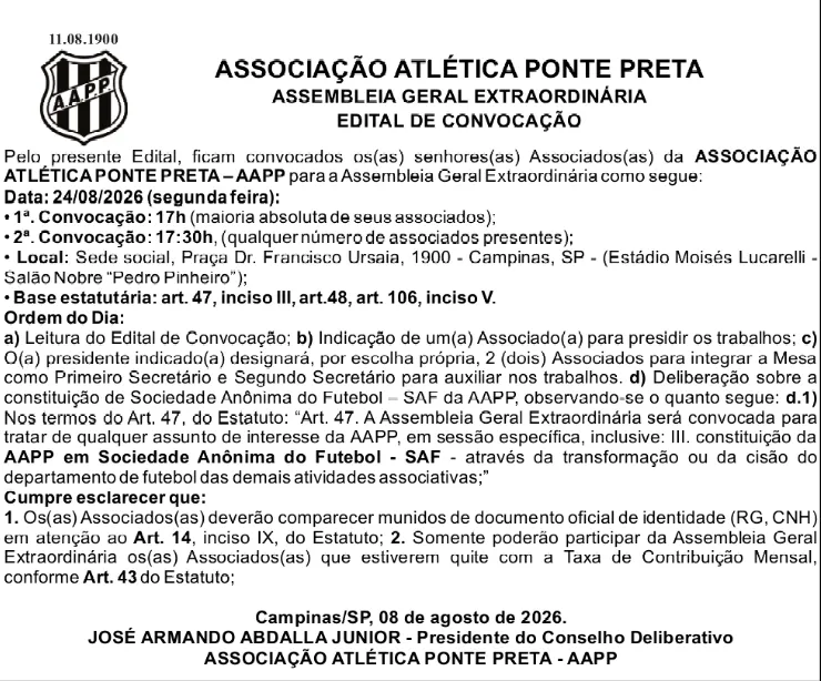 Ponte Preta convoca Assembleia Geral para deliberar sobre constituição da SAF 2 ANQu72Mb image