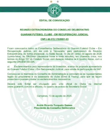 Guarani convoca investidor para expor proposta de SAF 2 Guarani edital 20