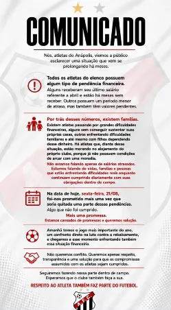 Série C: Atletas do Anápolis denunciam atrasos salariais e cobram solução do clube 2 oIT5NHtq image