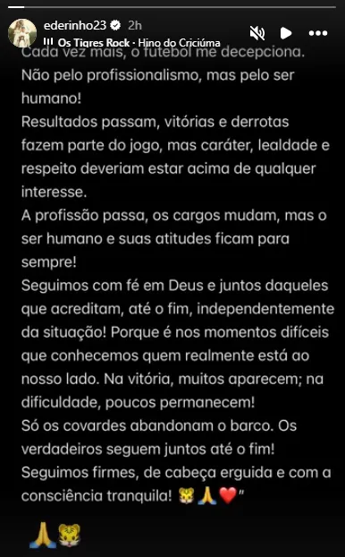 Diretor do Criciúma faz desabafo após saída de Eduardo Baptista 2 3UwpEnsH image