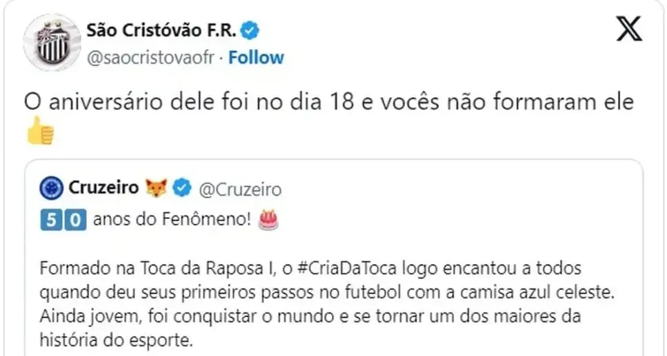 Clube carioca rebate Cruzeiro sobre formação de Ronaldo Fenômeno 2 SAO CRISTOVAO CRUZEIRO